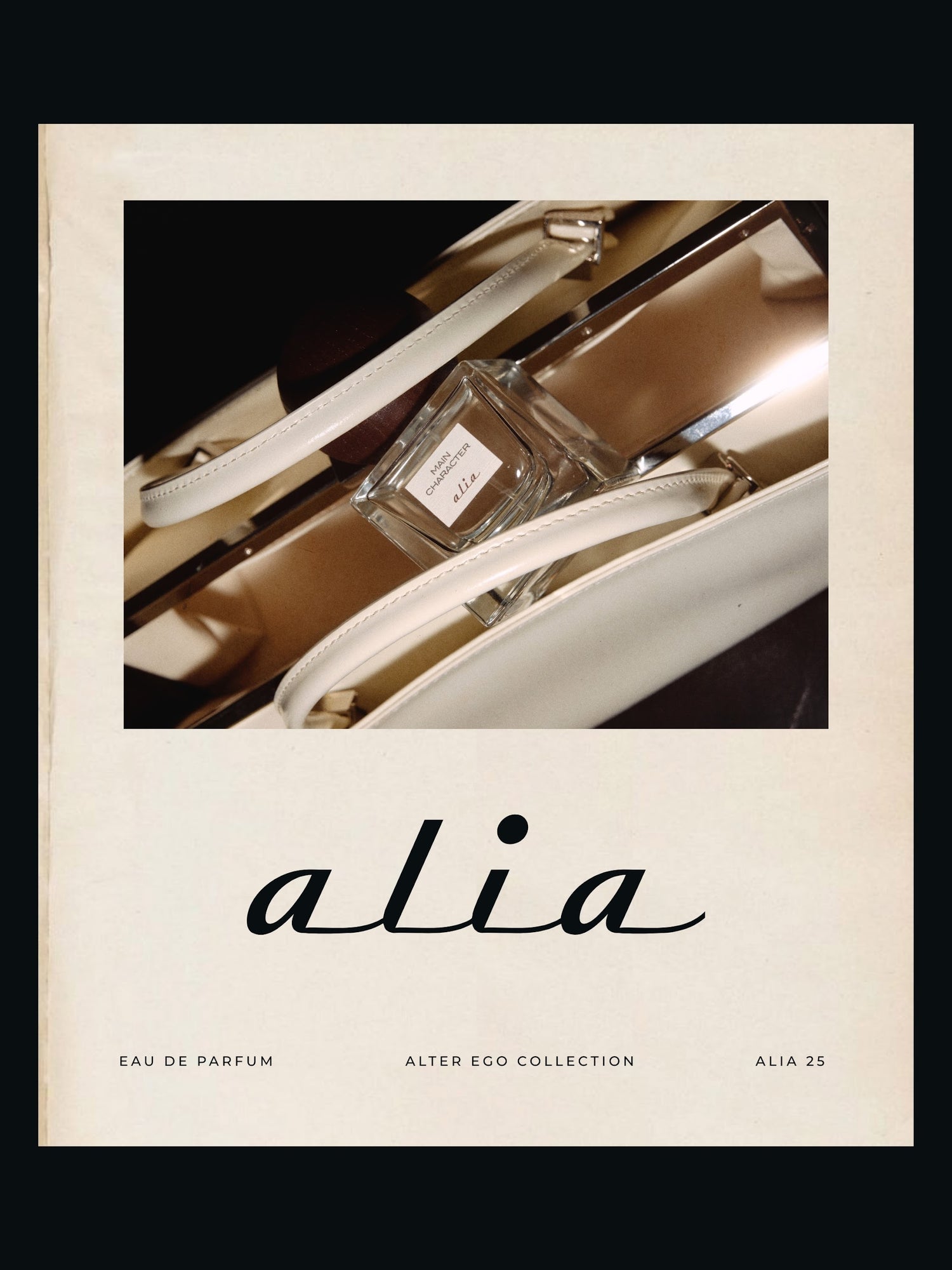 Polaroid of perfume bottle in a bag with 'alia' branding