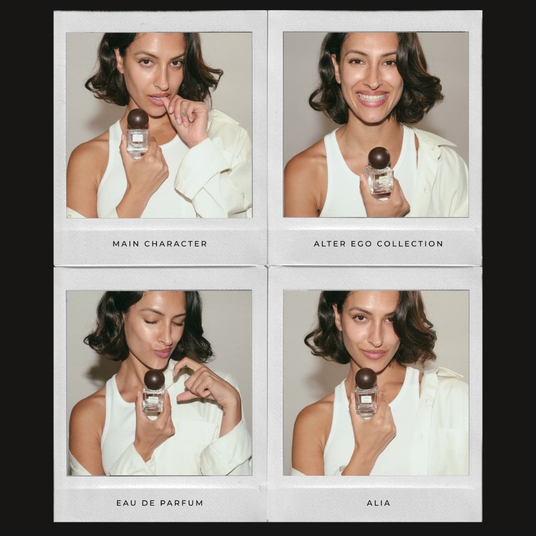 Four panel collage of a woman holding a perfume bottle with text indicating 'Main Character', 'Alter Ego Collection', 'Eau de Parfum', and 'Alia'.