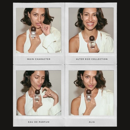 Four panel collage of a woman holding a perfume bottle with text indicating 'Main Character', 'Alter Ego Collection', 'Eau de Parfum', and 'Alia'.